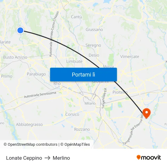Lonate Ceppino to Merlino map