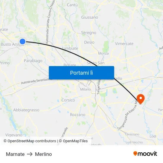 Marnate to Merlino map
