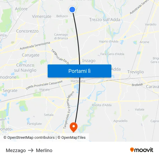 Mezzago to Merlino map