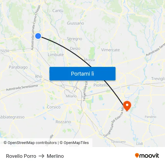 Rovello Porro to Merlino map
