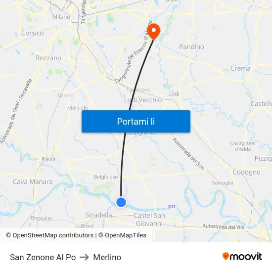 San Zenone Al Po to Merlino map