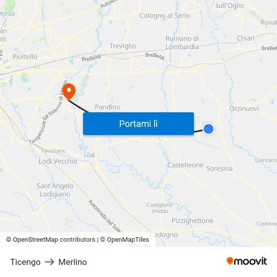 Ticengo to Merlino map