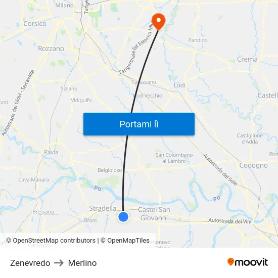 Zenevredo to Merlino map