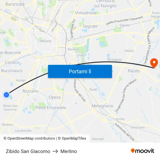 Zibido San Giacomo to Merlino map