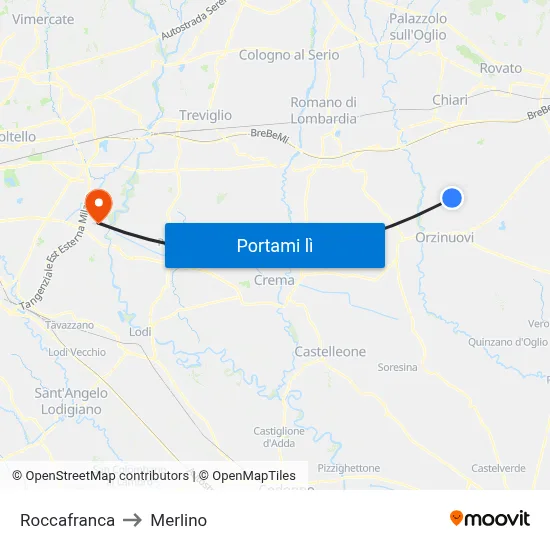 Roccafranca to Merlino map