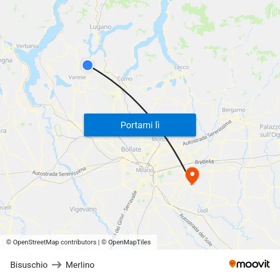 Bisuschio to Merlino map