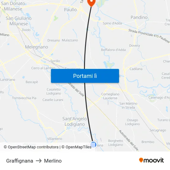 Graffignana to Merlino map