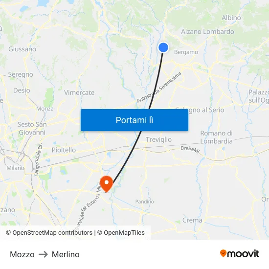 Mozzo to Merlino map