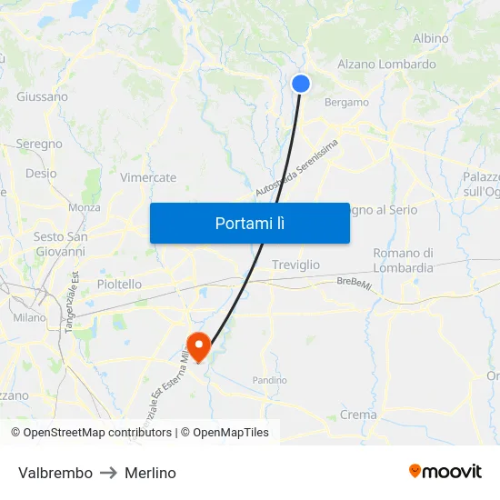 Valbrembo to Merlino map
