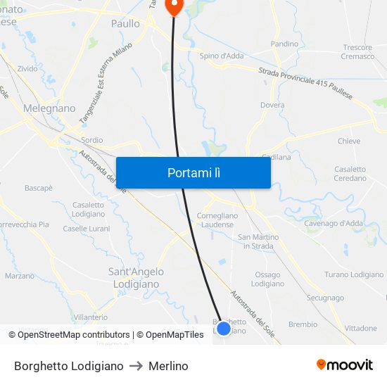 Borghetto Lodigiano to Merlino map