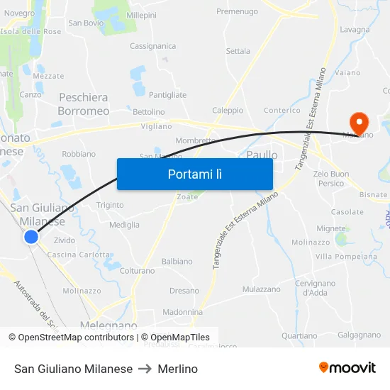 San Giuliano Milanese to Merlino map