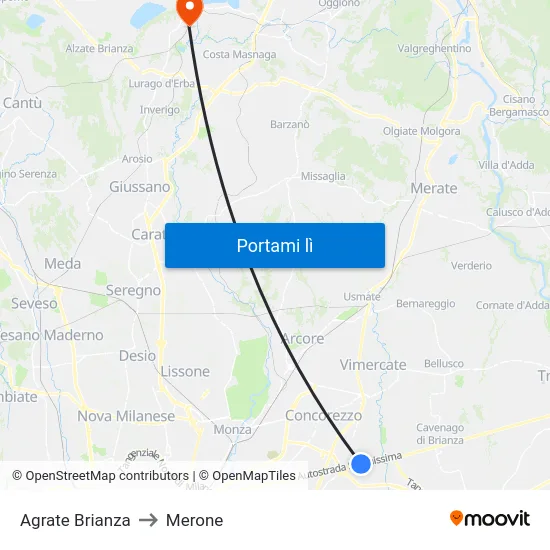 Agrate Brianza to Merone map