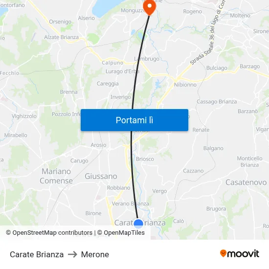 Carate Brianza to Merone map
