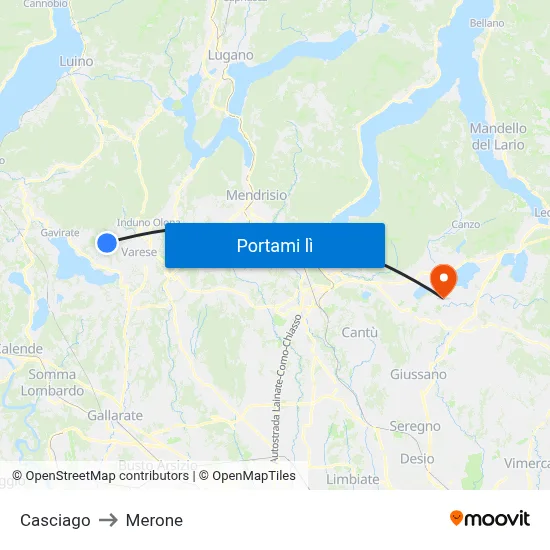 Casciago to Merone map