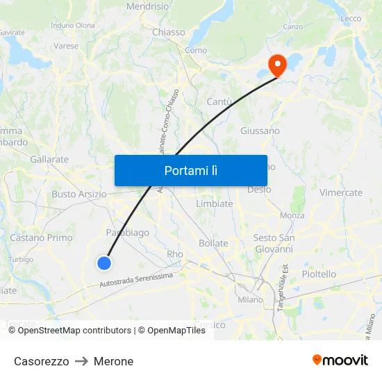 Casorezzo to Merone map