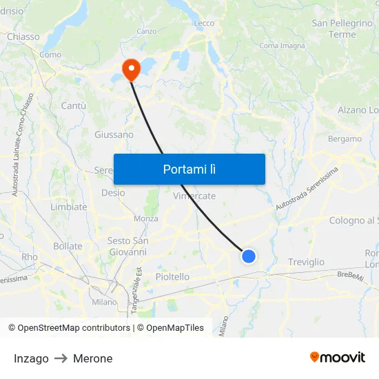 Inzago to Merone map