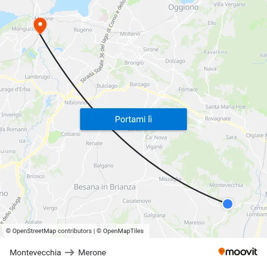Montevecchia to Merone map