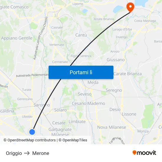 Origgio to Merone map