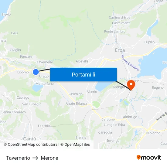 Tavernerio to Merone map