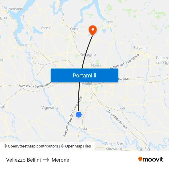 Vellezzo Bellini to Merone map