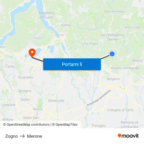 Zogno to Merone map