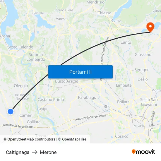 Caltignaga to Merone map