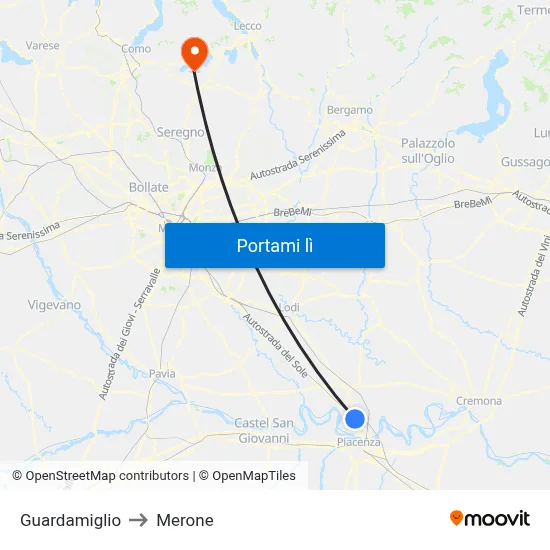 Guardamiglio to Merone map
