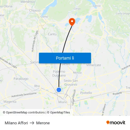 Milano Affori to Merone map
