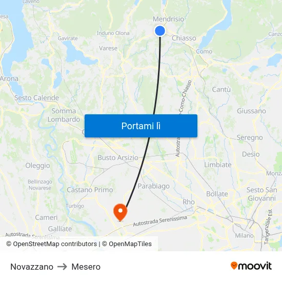 Novazzano to Mesero map