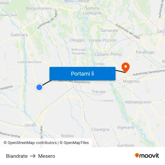 Biandrate to Mesero map