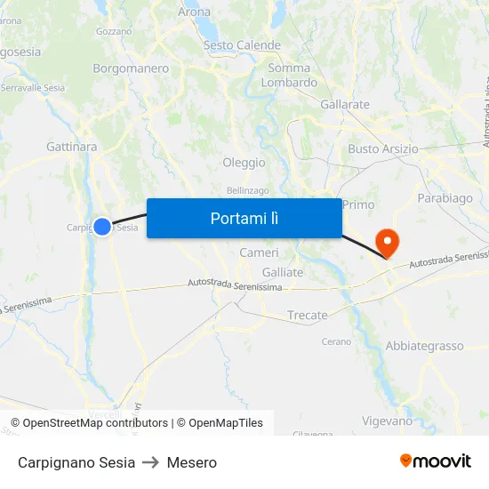 Carpignano Sesia to Mesero map