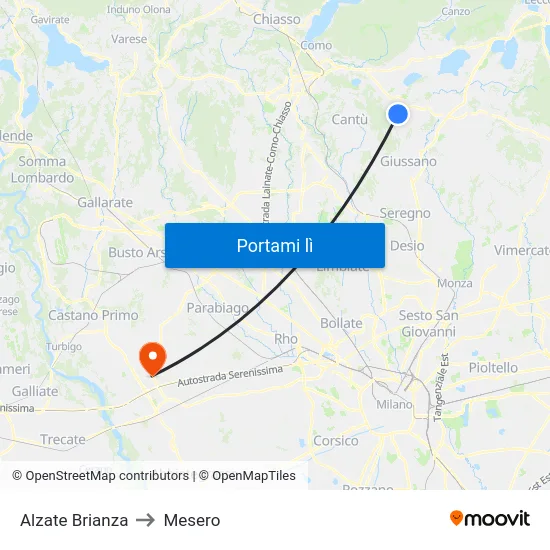Alzate Brianza to Mesero map