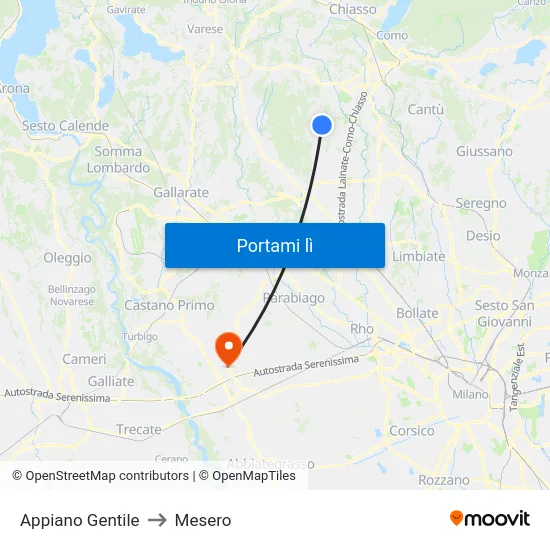 Appiano Gentile to Mesero map