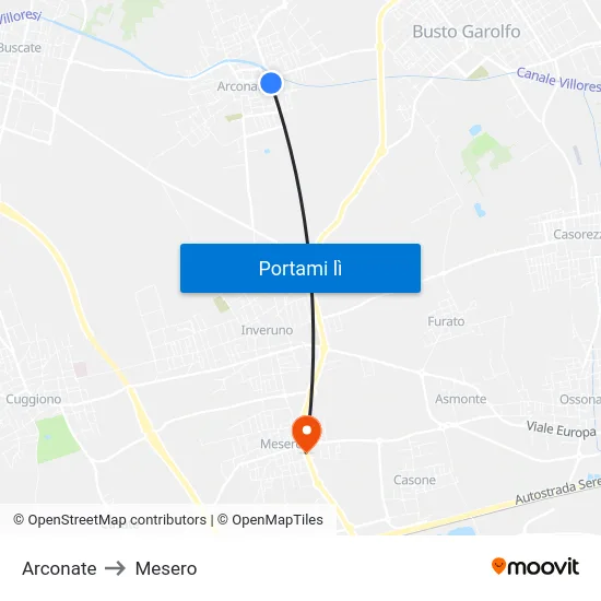 Arconate to Mesero map