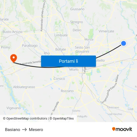 Basiano to Mesero map