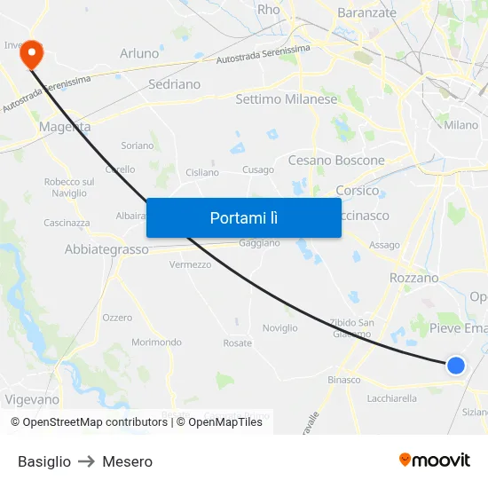 Basiglio to Mesero map