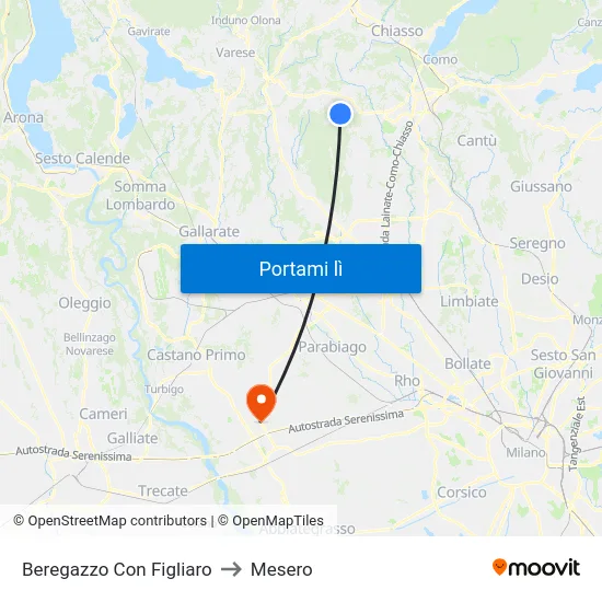Beregazzo Con Figliaro to Mesero map