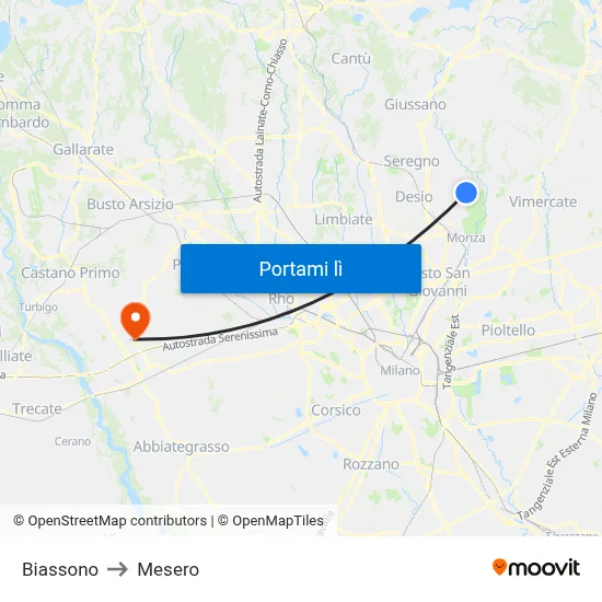 Biassono to Mesero map
