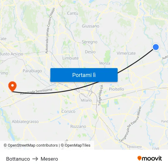 Bottanuco to Mesero map