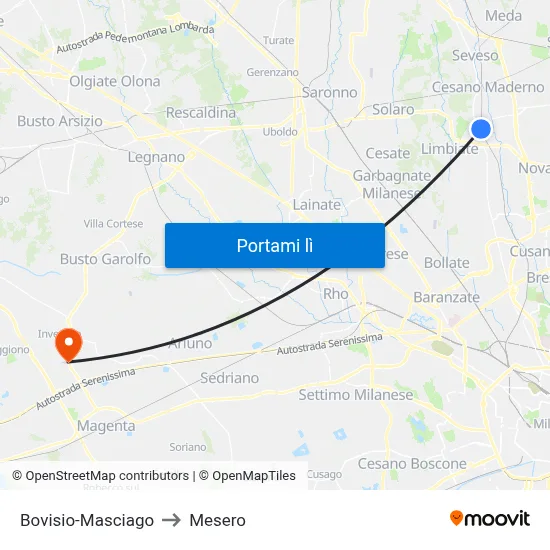 Bovisio-Masciago to Mesero map