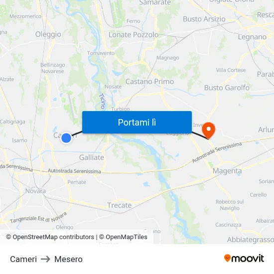 Cameri to Mesero map