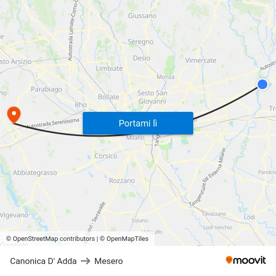 Canonica D' Adda to Mesero map