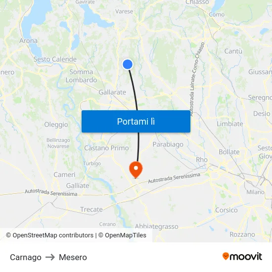 Carnago to Mesero map