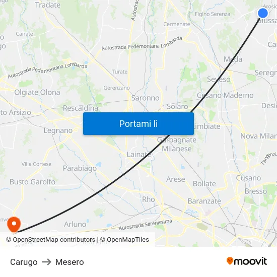 Carugo to Mesero map