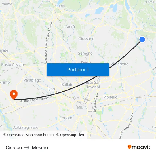 Carvico to Mesero map