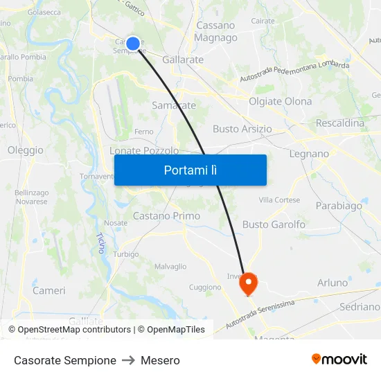 Casorate Sempione to Mesero map