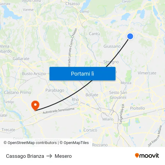 Cassago Brianza to Mesero map