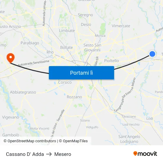 Cassano D' Adda to Mesero map