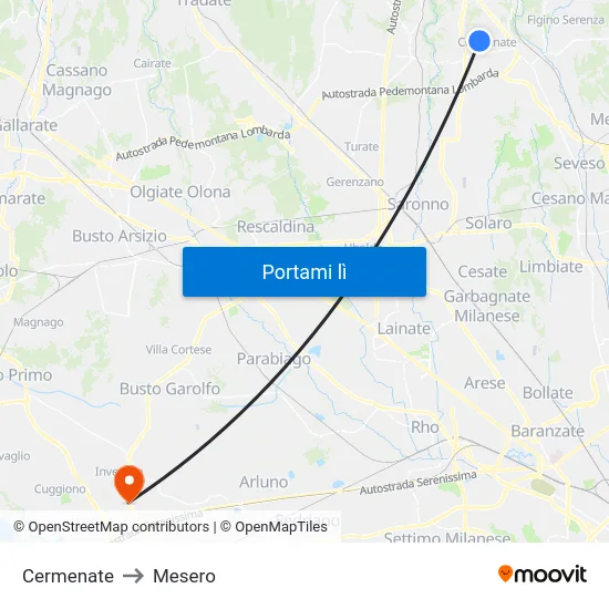 Cermenate to Mesero map