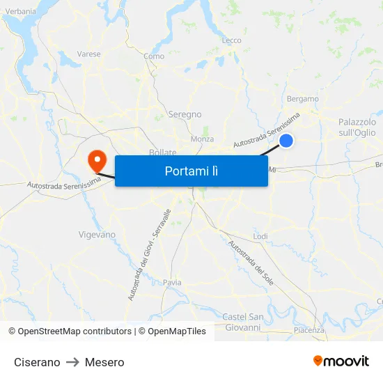 Ciserano to Mesero map